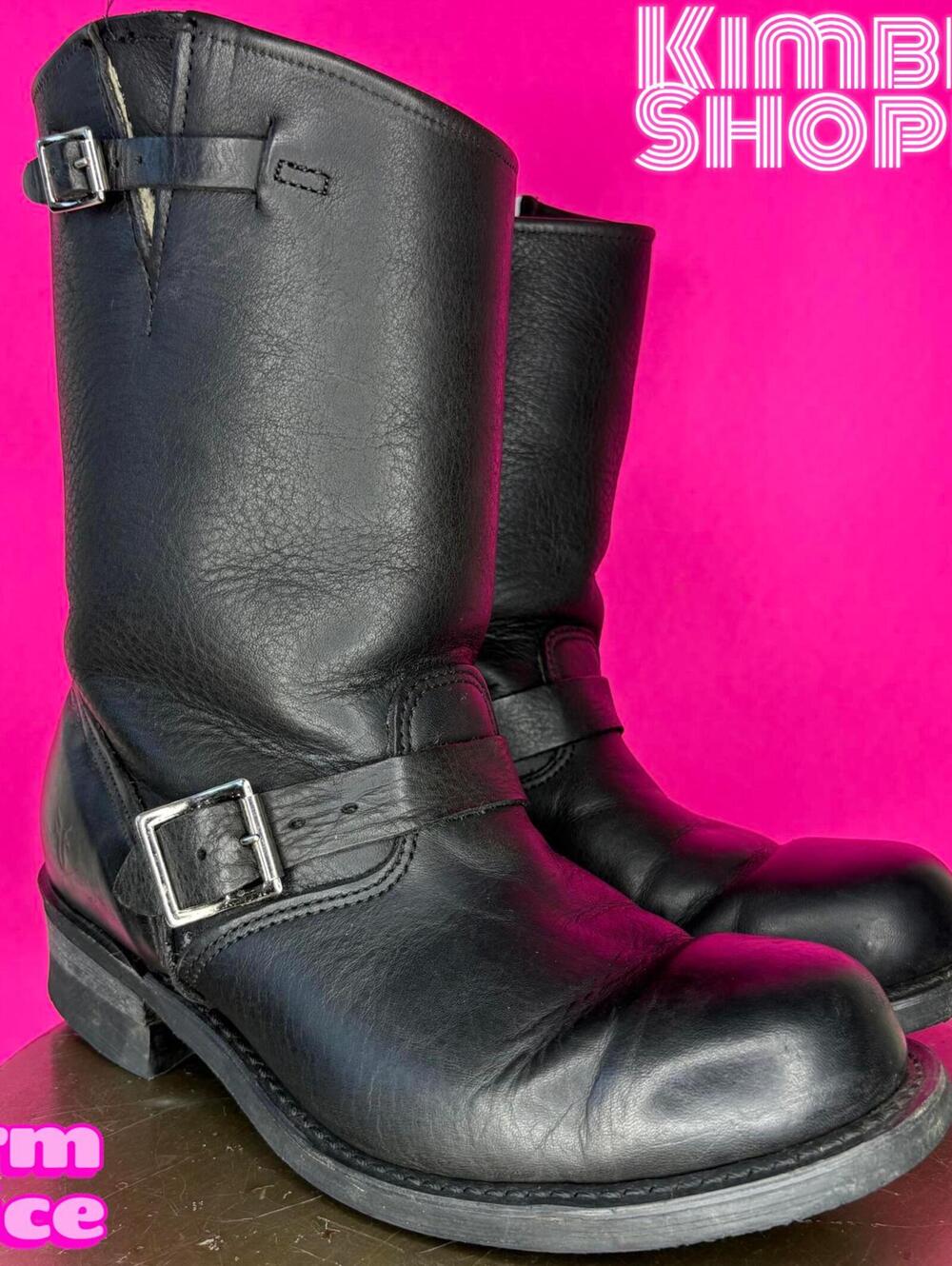 Frye Engineer Black Leather Shearling Lined Mid Calf Moto Boot US 9 UK 7